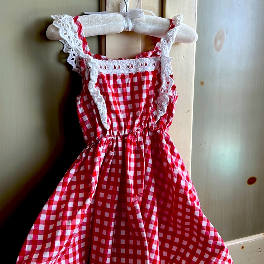 Red and white gingham 2T cotton Sun dress white eyelet detail